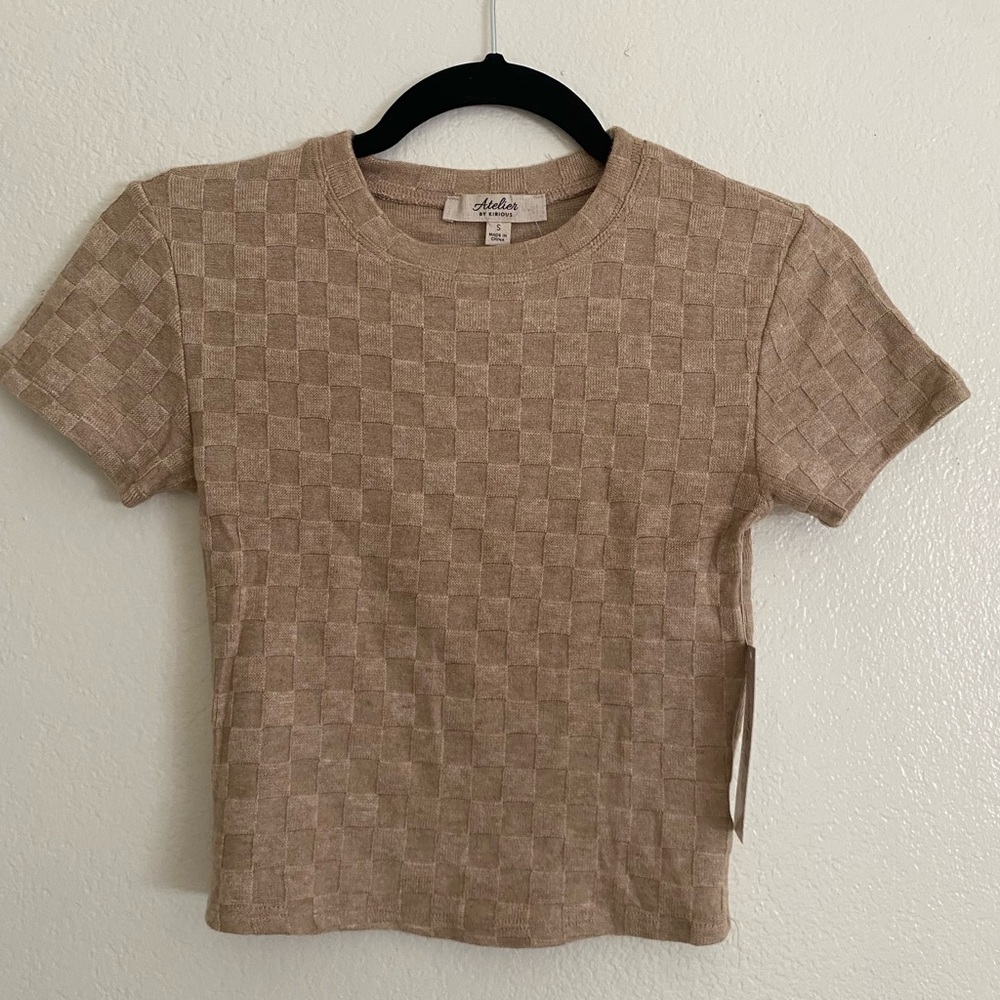 Brown Neutral Checkered Short Sleeve Shirt Top